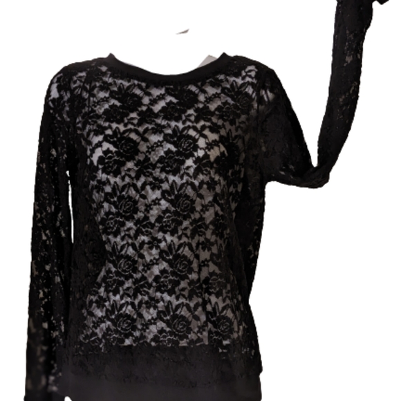 Ambiance Black Floral Lace Mesh Long Sleeve Stretchy Top L - Picture 3 of 4